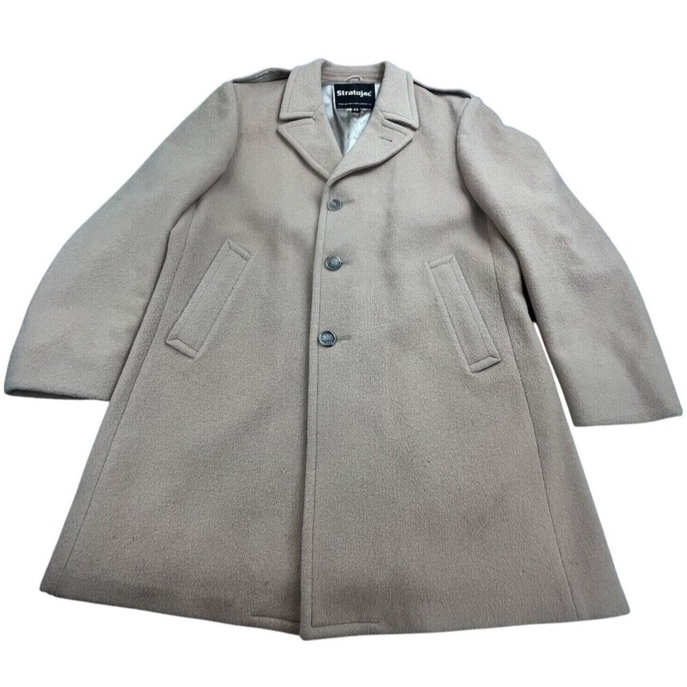 Vintage Stratojac Wool Overcoat Mens 42 Beige Peacoat Style Winter Coat Heavy
